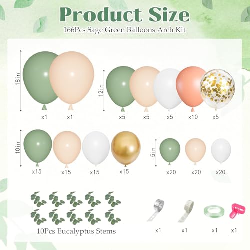 166-Piece Sage Green & Pastel Orange Balloon Garland Arch Kit – Eucalyptus, Gold Confetti, and More for Tropical Safari Wedding Baby Shower