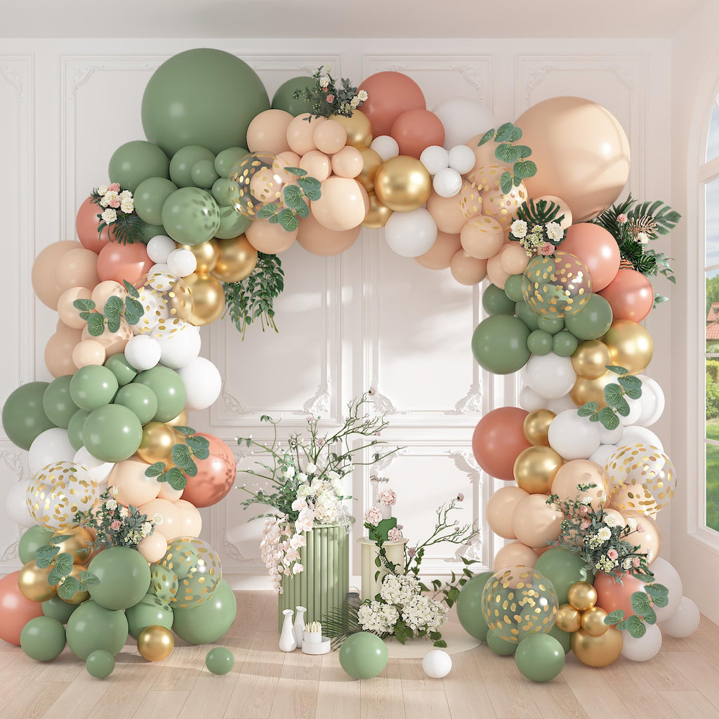 166-Piece Sage Green & Pastel Orange Balloon Garland Arch Kit – Eucalyptus, Gold Confetti, and More for Tropical Safari Wedding Baby Shower