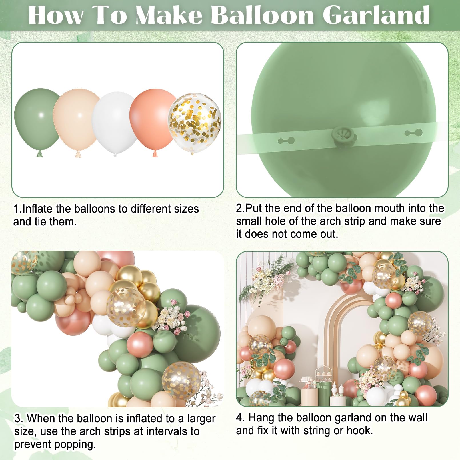166-Piece Sage Green & Pastel Orange Balloon Garland Arch Kit – Eucalyptus, Gold Confetti, and More for Tropical Safari Wedding Baby Shower