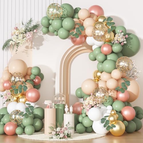 166-Piece Sage Green & Pastel Orange Balloon Garland Arch Kit – Eucalyptus, Gold Confetti, and More for Tropical Safari Wedding Baby Shower