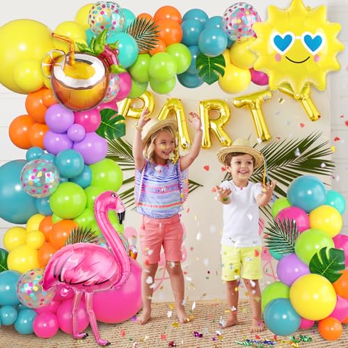 168-Piece Tropical Balloon Arch Garland Kit – Rainbow Neon & Foil Balloons for Luau, Birthday & Beach Party Decorations