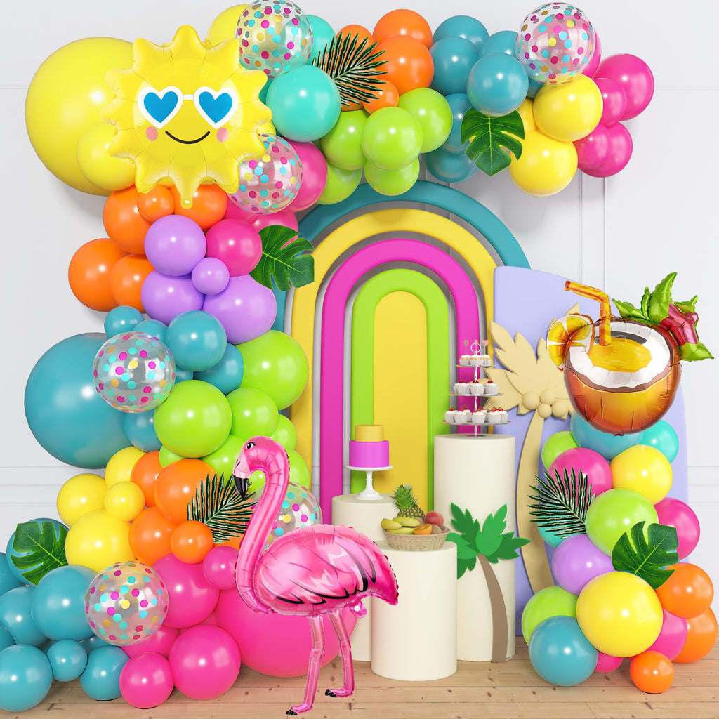 168-Piece Tropical Balloon Arch Garland Kit – Rainbow Neon & Foil Balloons for Luau, Birthday & Beach Party Decorations