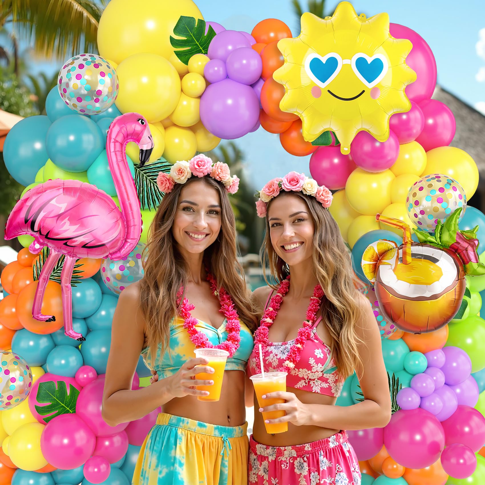 168-Piece Tropical Balloon Arch Garland Kit – Rainbow Neon & Foil Balloons for Luau, Birthday & Beach Party Decorations