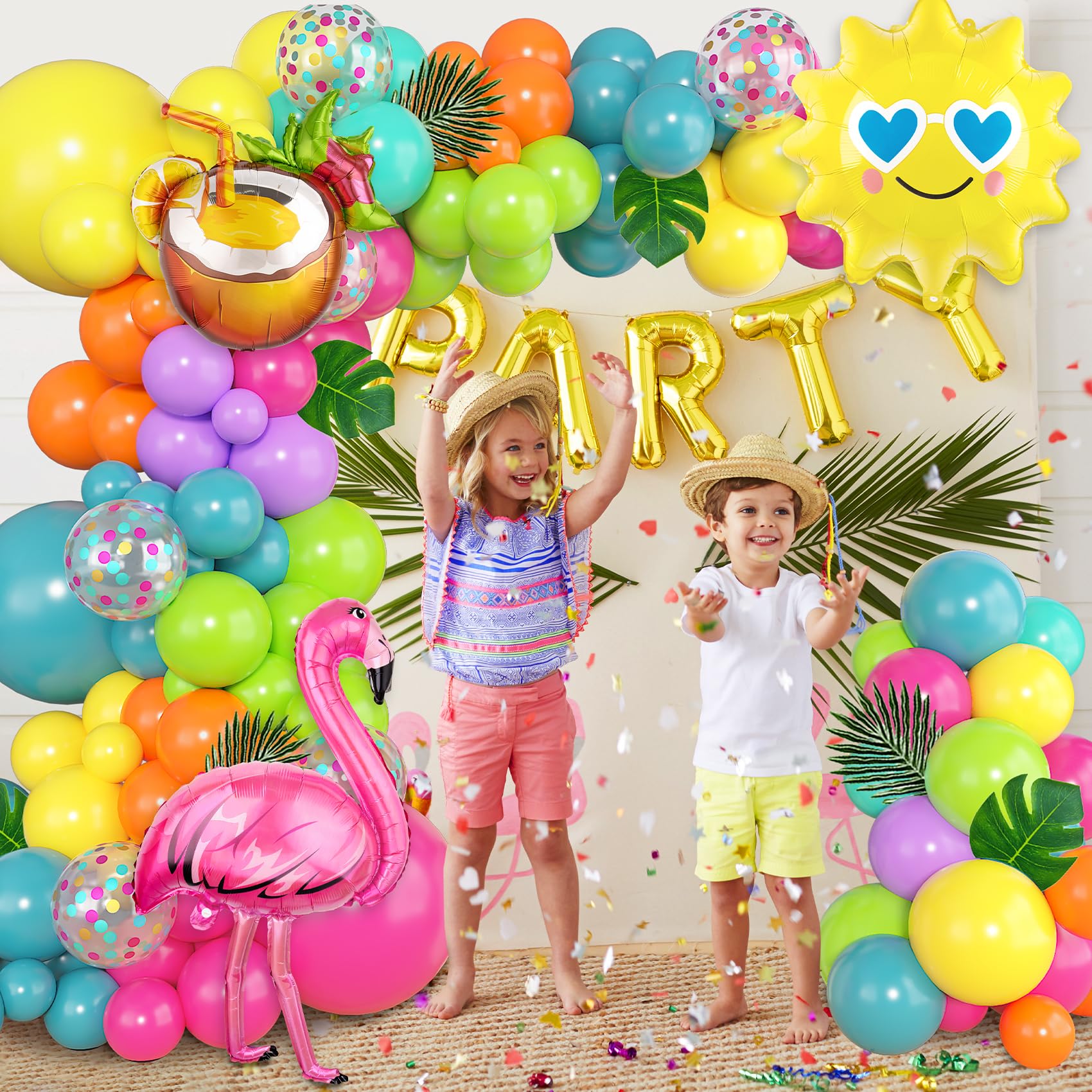 168-Piece Tropical Balloon Arch Garland Kit – Rainbow Neon & Foil Balloons for Luau, Birthday & Beach Party Decorations