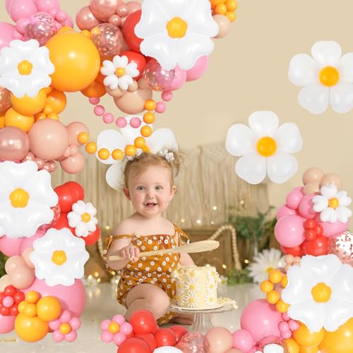 168Pcs Daisy Balloon Arch Garland Kit – Pastel Floral Balloons for Birthday, Baby Shower, Mother's Day & Groovy Parties
