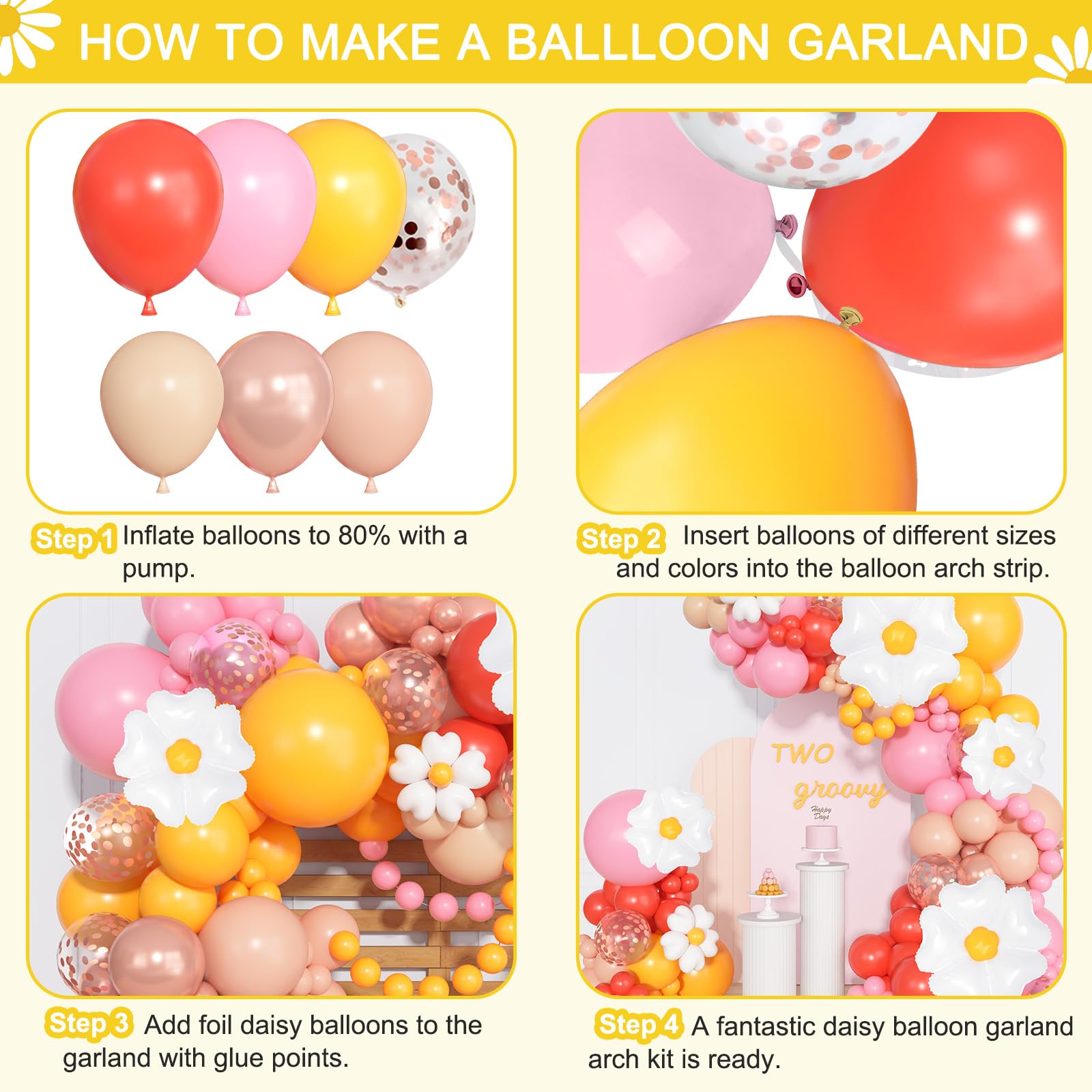 168Pcs Daisy Balloon Arch Garland Kit – Pastel Floral Balloons for Birthday, Baby Shower, Mother's Day & Groovy Parties
