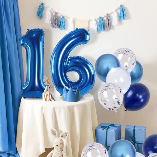 16th Birthday Balloon Set - Dark Blue Number 16 Foil Balloon with Silver Confetti & Latex Balloons for Party Decor
