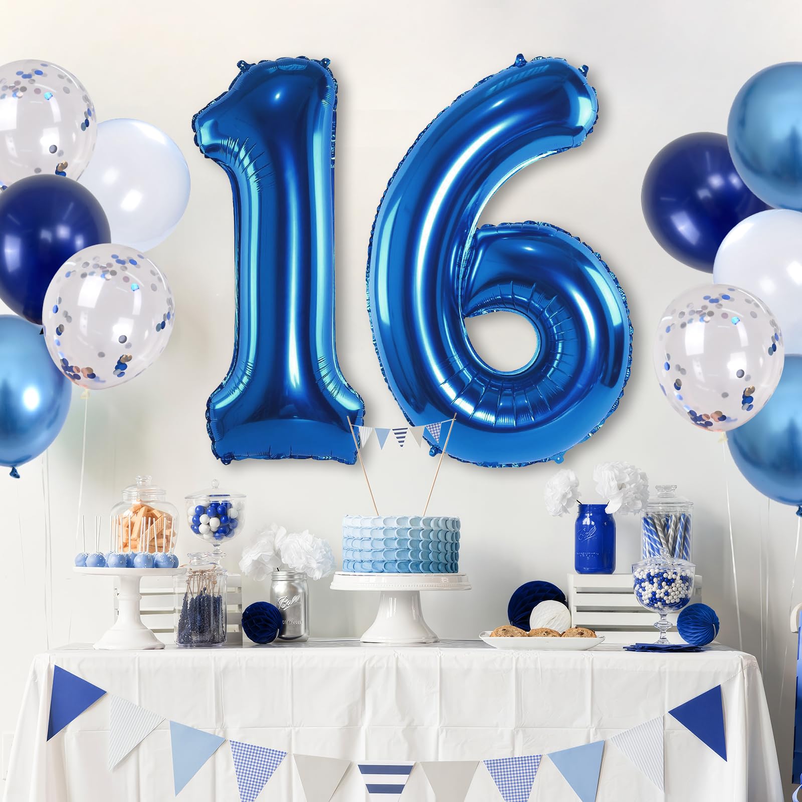 16th Birthday Balloon Set - Dark Blue Number 16 Foil Balloon with Silver Confetti & Latex Balloons for Party Decor