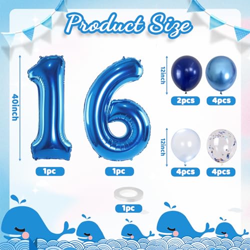 16th Birthday Balloon Set - Dark Blue Number 16 Foil Balloon with Silver Confetti & Latex Balloons for Party Decor