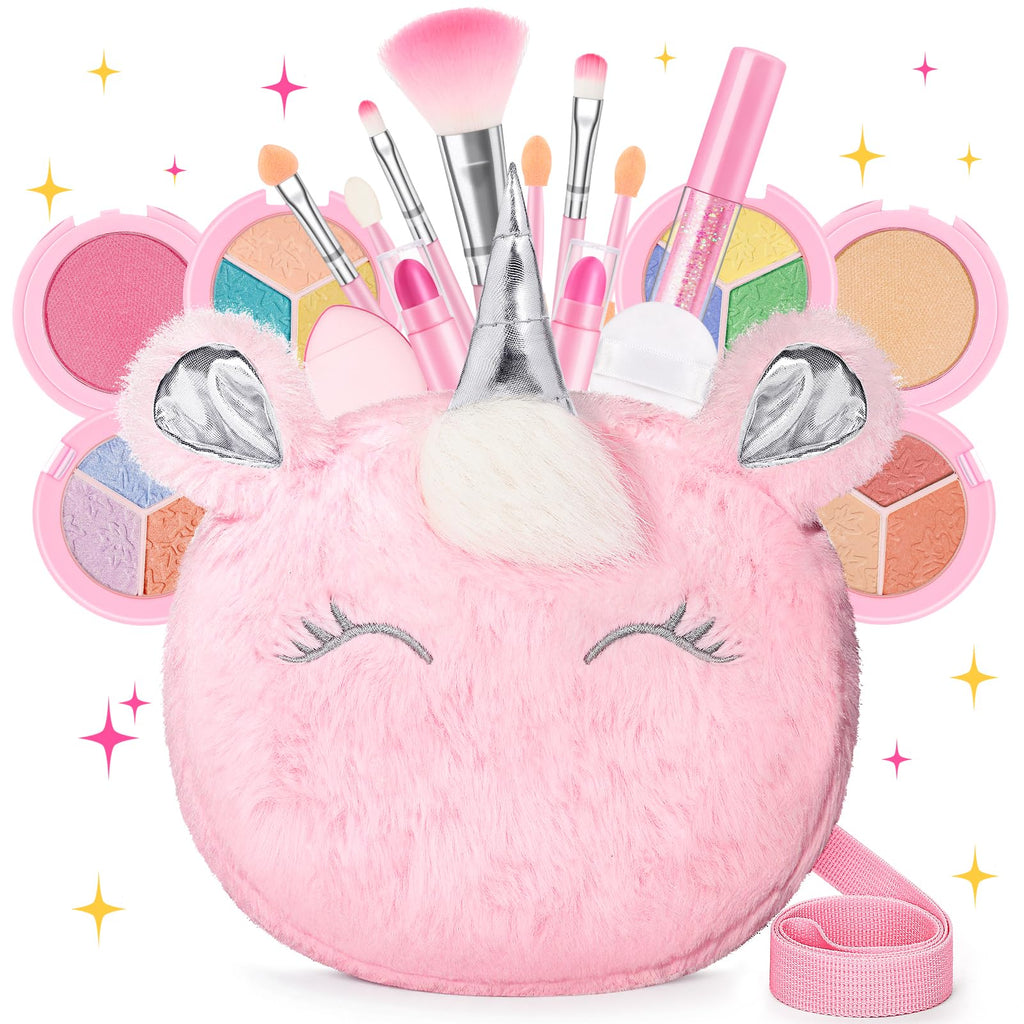 17-Piece Washable Makeup Kit for Kids 3-10 | Non-Toxic Unicorn Crossbody Bag Set