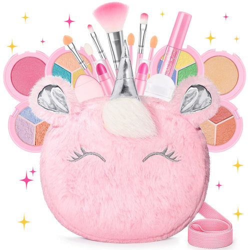 17-Piece Washable Makeup Kit for Kids 3-10 | Non-Toxic Unicorn Crossbody Bag Set