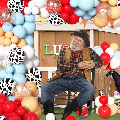 170-Piece Cowboy Western Balloon Arch Kit – Red & Blue Cow Print Balloons for Farm Animal Themed Baby Shower & Birthday Party Decor