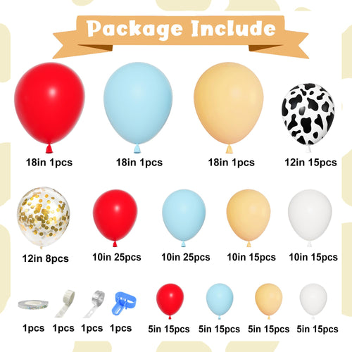 170-Piece Cowboy Western Balloon Arch Kit – Red & Blue Cow Print Balloons for Farm Animal Themed Baby Shower & Birthday Party Decor