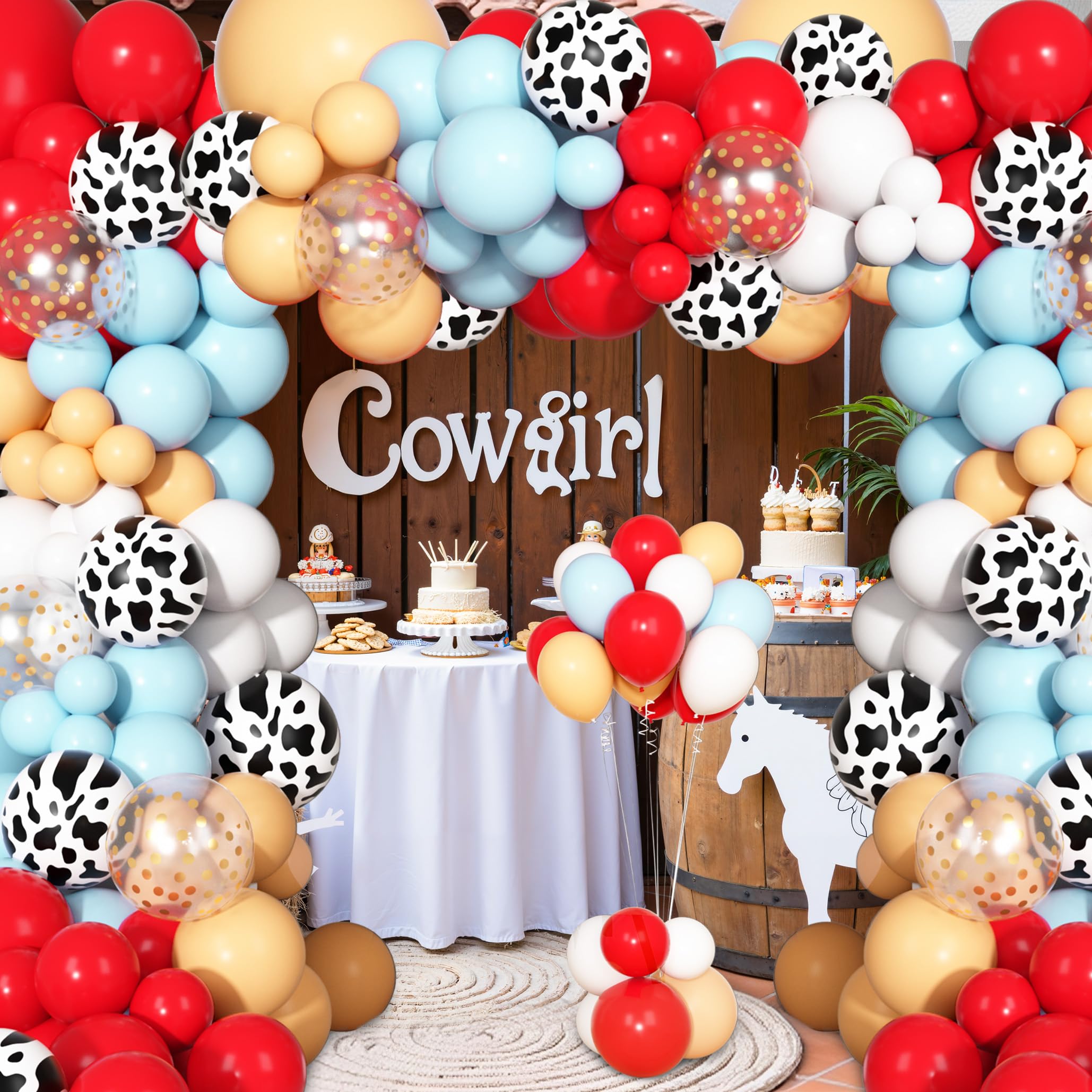 170-Piece Cowboy Western Balloon Arch Kit – Red & Blue Cow Print Balloons for Farm Animal Themed Baby Shower & Birthday Party Decor