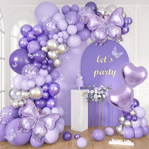 171-Piece Purple Butterfly Balloon Arch Kit with Foil Balloons and Garland Decorations for Birthday, Baby Shower, and Mother's Day Parties