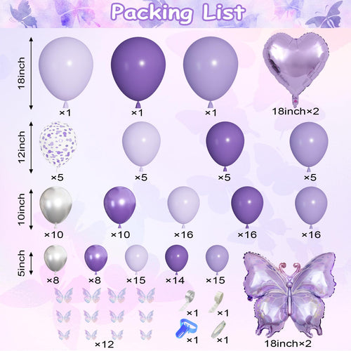 171-Piece Purple Butterfly Balloon Arch Kit with Foil Balloons and Garland Decorations for Birthday, Baby Shower, and Mother's Day Parties