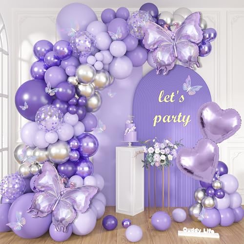 171-Piece Purple Butterfly Balloon Arch Kit with Foil Balloons and Garland Decorations for Birthday, Baby Shower, and Mother's Day Parties