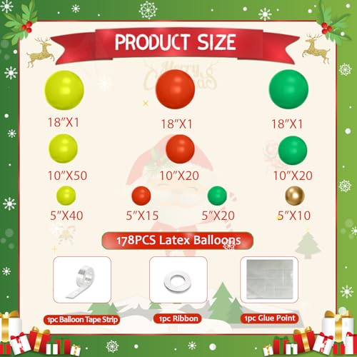 178-Piece Green and Red Balloon Arch Kit for Christmas Party Decorations