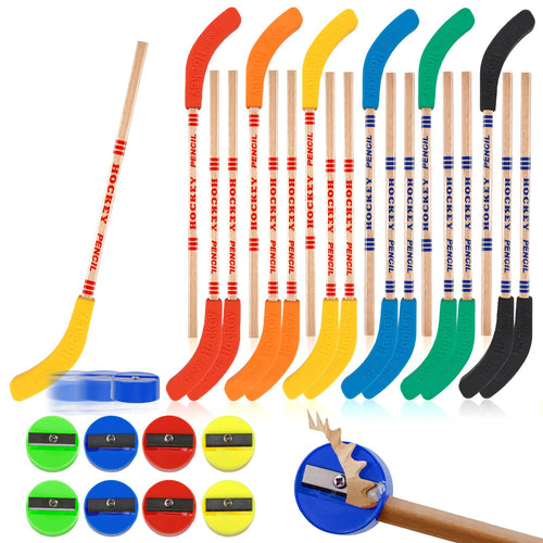18 Hockey Pencils with Erasers & 8 Sharpeners - 9-Inch Stick Design, Black, Fun for Sports Fans