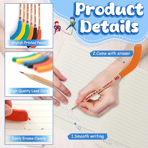 18 Hockey Pencils with Erasers & 8 Sharpeners - 9-Inch Stick Design, Black, Fun for Sports Fans