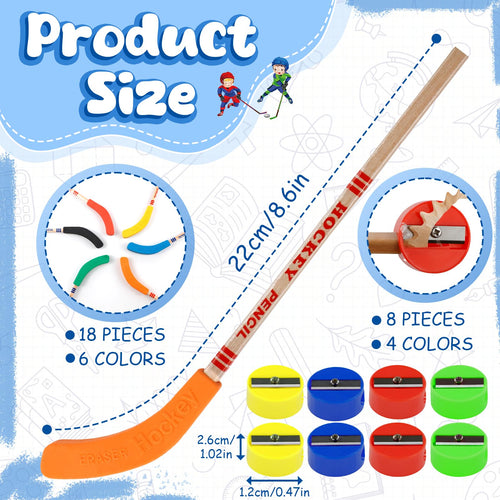 18 Hockey Pencils with Erasers & 8 Sharpeners - 9-Inch Stick Design, Black, Fun for Sports Fans