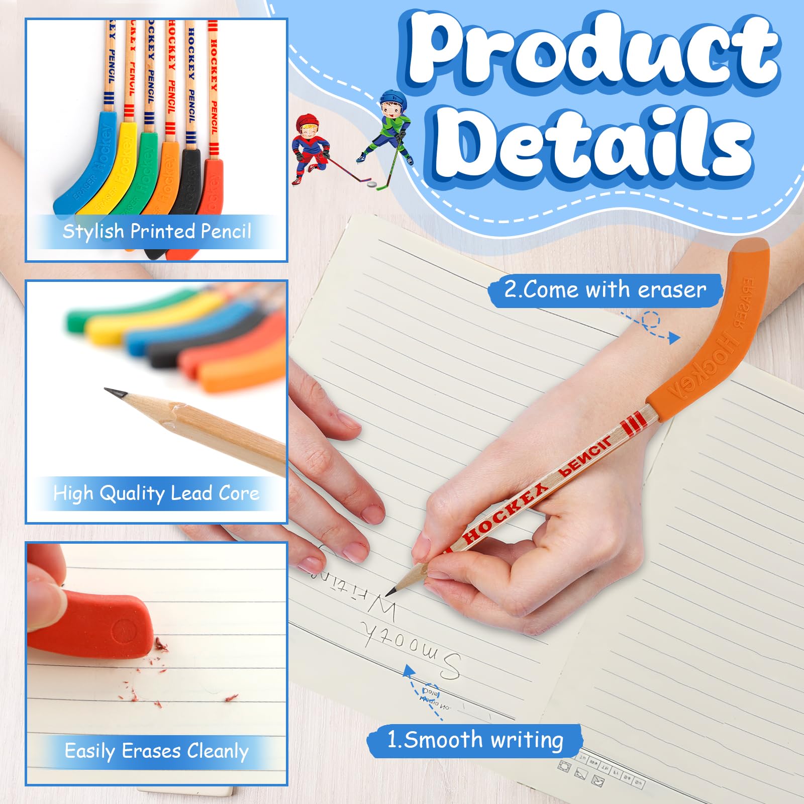 18 Hockey Pencils with Erasers & 8 Sharpeners - 9-Inch Stick Design, Black, Fun for Sports Fans