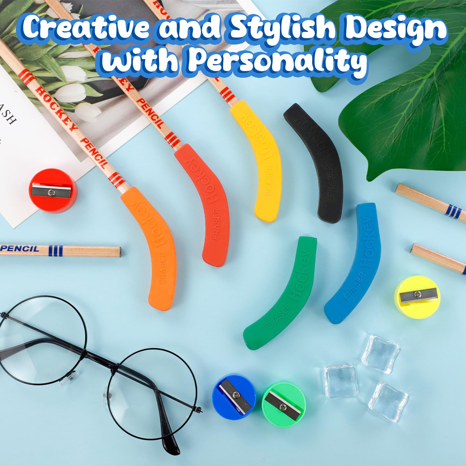 18 Hockey Pencils with Erasers & 8 Sharpeners - 9-Inch Stick Design, Black, Fun for Sports Fans