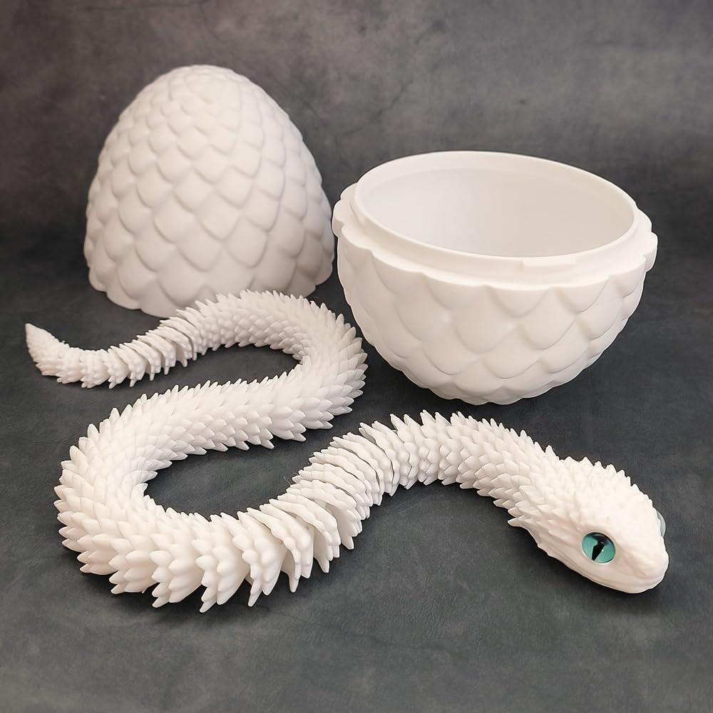 18-Inch 3D Printed Snake Fidget Toy with Dragon Egg – Stress Relief Desk Decor (White)