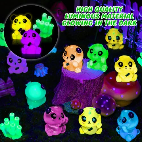 18 Luminous Mini Resin Panda Figurines with 2 Bamboo – Glow in the Dark Panda Set for Cake Toppers, Dollhouse, and DIY Crafts