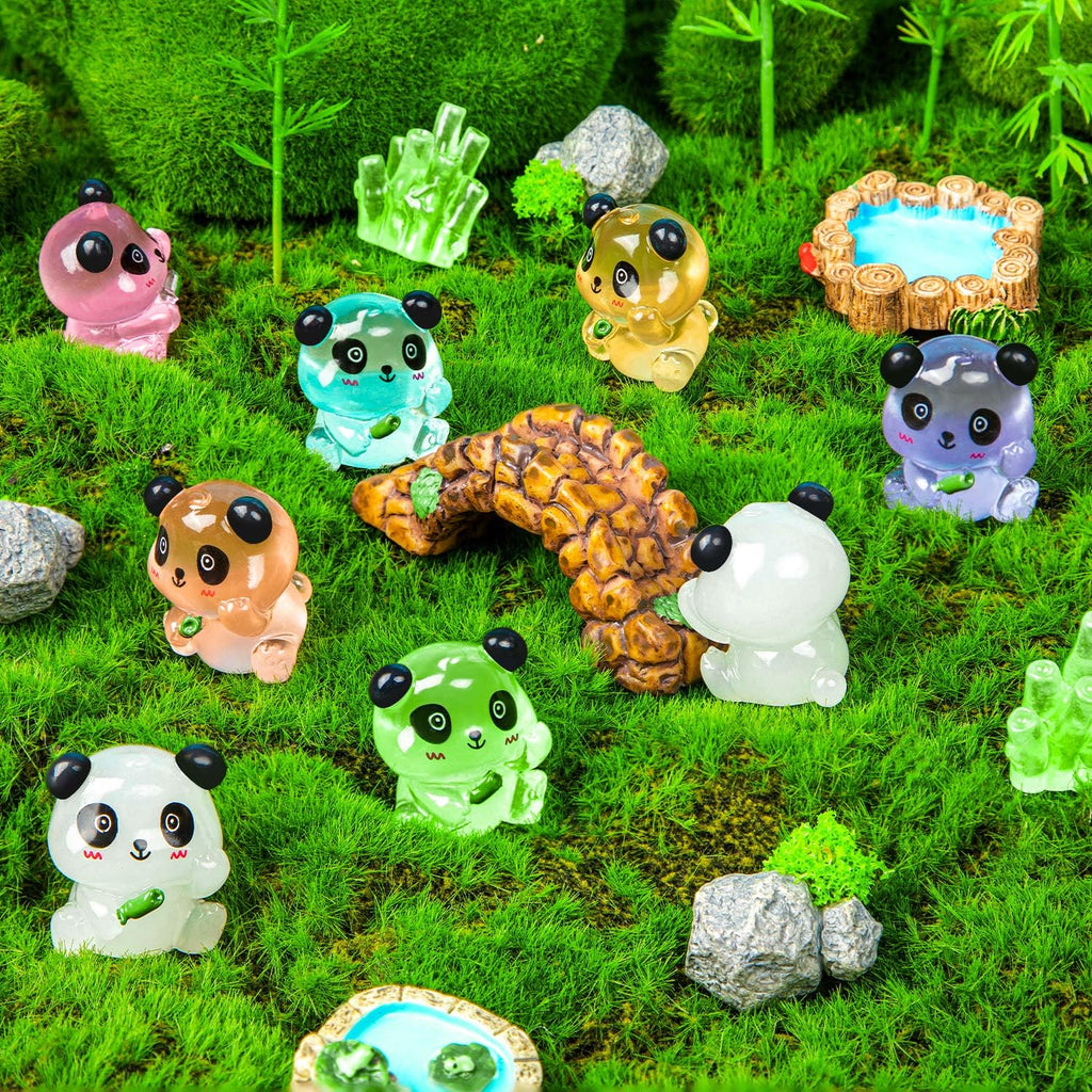 18 Luminous Mini Resin Panda Figurines with 2 Bamboo – Glow in the Dark Panda Set for Cake Toppers, Dollhouse, and DIY Crafts