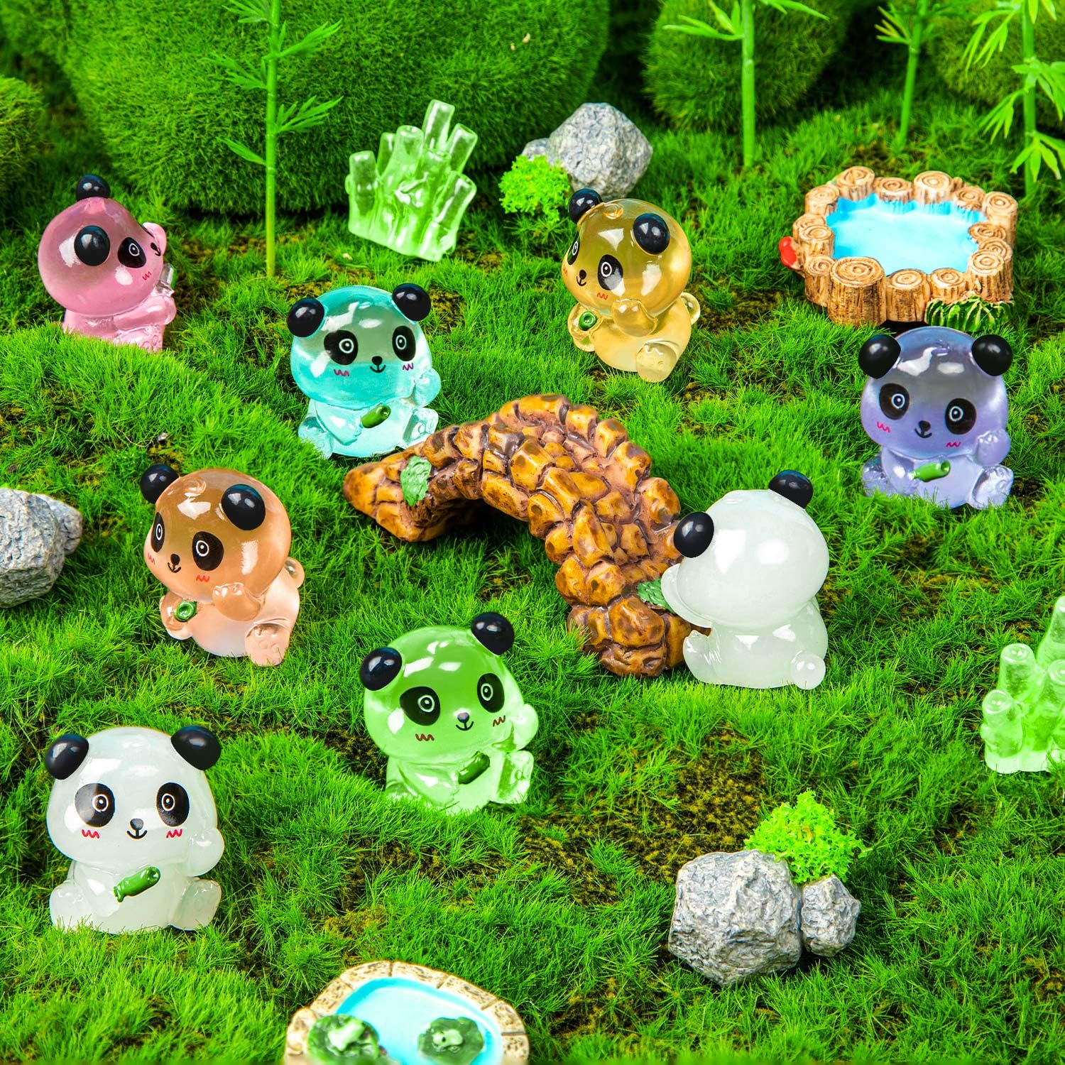 18 Luminous Mini Resin Panda Figurines with 2 Bamboo – Glow in the Dark Panda Set for Cake Toppers, Dollhouse, and DIY Crafts