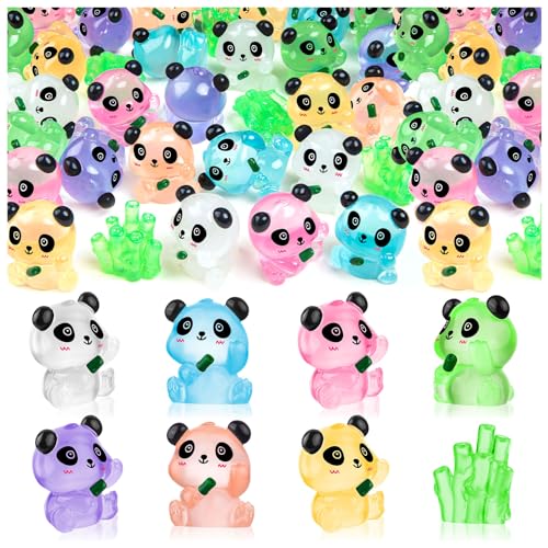 18 Luminous Mini Resin Panda Figurines with 2 Bamboo – Glow in the Dark Panda Set for Cake Toppers, Dollhouse, and DIY Crafts