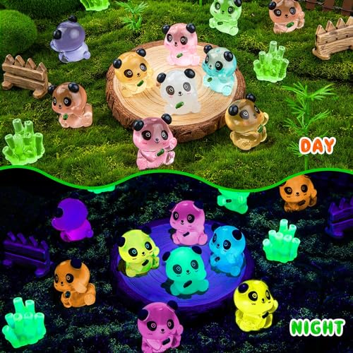18 Luminous Mini Resin Panda Figurines with 2 Bamboo – Glow in the Dark Panda Set for Cake Toppers, Dollhouse, and DIY Crafts