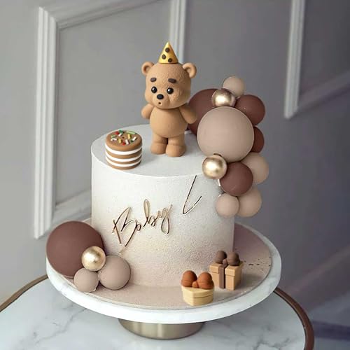 19-Piece Brown Bear Baby Shower Cake Topper Set – Bear Cake Decorations with Gold and Brown Cake Balls