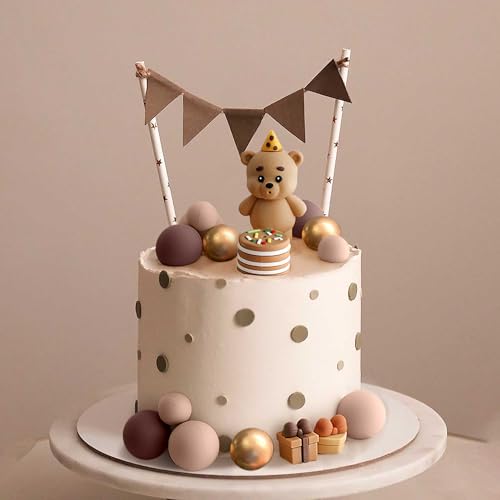 19-Piece Brown Bear Baby Shower Cake Topper Set – Bear Cake Decorations with Gold and Brown Cake Balls