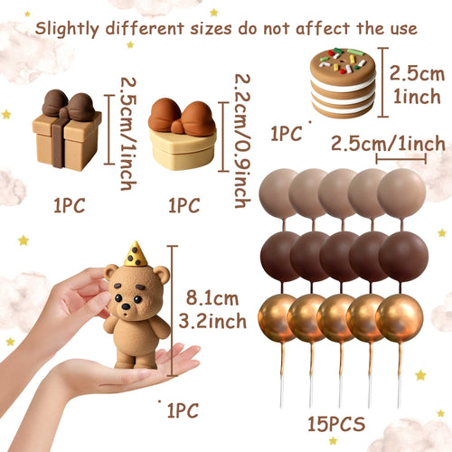 19-Piece Brown Bear Baby Shower Cake Topper Set – Bear Cake Decorations with Gold and Brown Cake Balls
