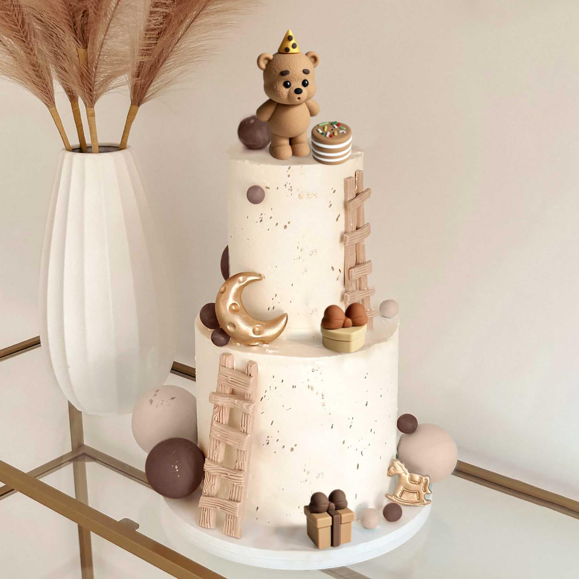 19-Piece Brown Bear Baby Shower Cake Topper Set – Bear Cake Decorations with Gold and Brown Cake Balls