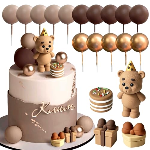 19-Piece Brown Bear Baby Shower Cake Topper Set – Bear Cake Decorations with Gold and Brown Cake Balls