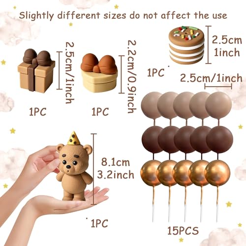 19-Piece Brown Bear Baby Shower Cake Topper Set – Bear Cake Decorations with Gold and Brown Cake Balls