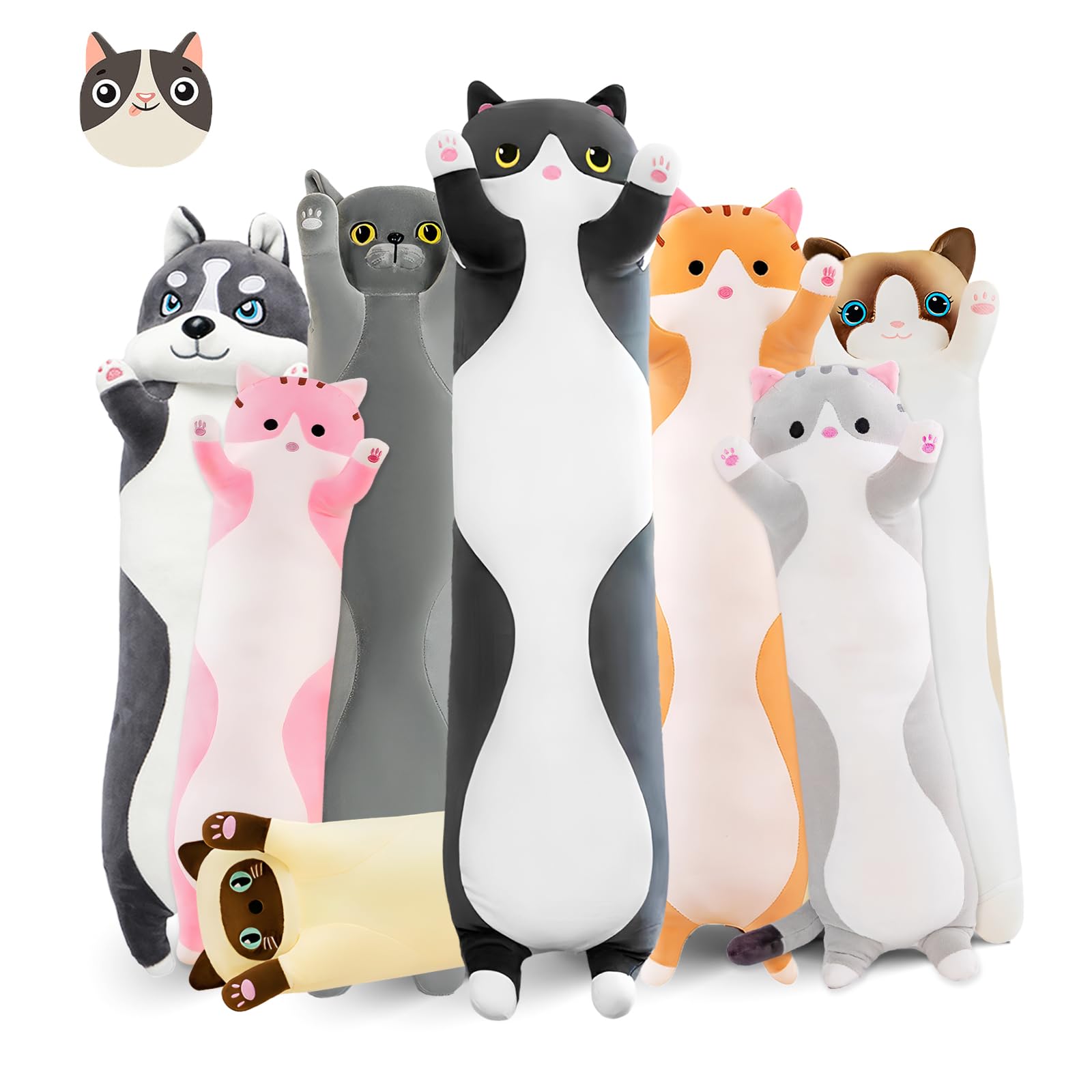 19.6in Long Cat Plush Pillow - Black Cat Plushie Stuffed Animal, Kawaii Body Pillow Gift
