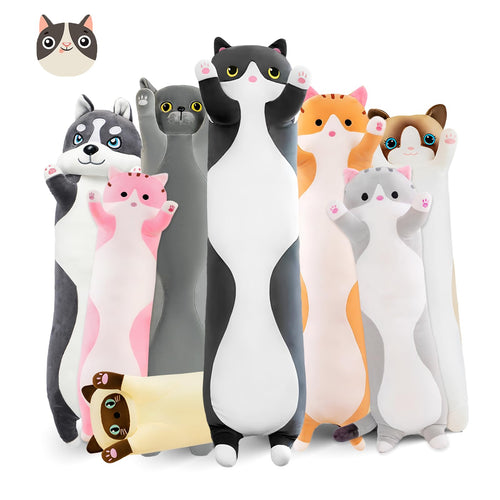 19.6in Long Cat Plush Pillow - Black Cat Plushie Stuffed Animal, Kawaii Body Pillow Gift