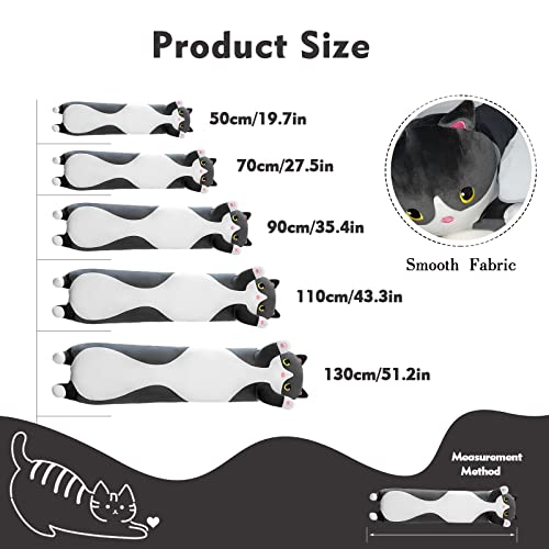 19.6in Long Cat Plush Pillow - Black Cat Plushie Stuffed Animal, Kawaii Body Pillow Gift