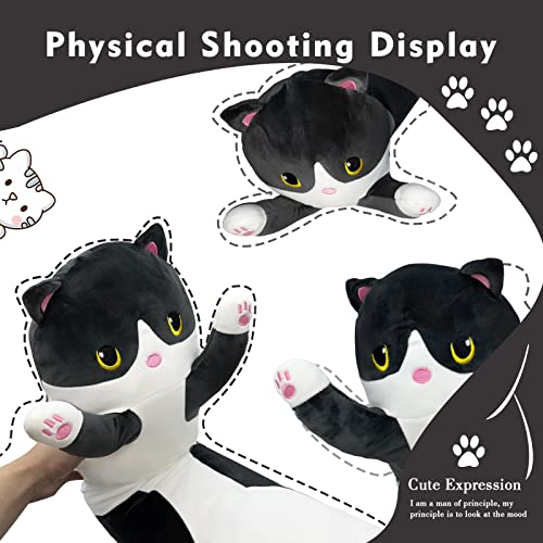 19.6in Long Cat Plush Pillow - Black Cat Plushie Stuffed Animal, Kawaii Body Pillow Gift