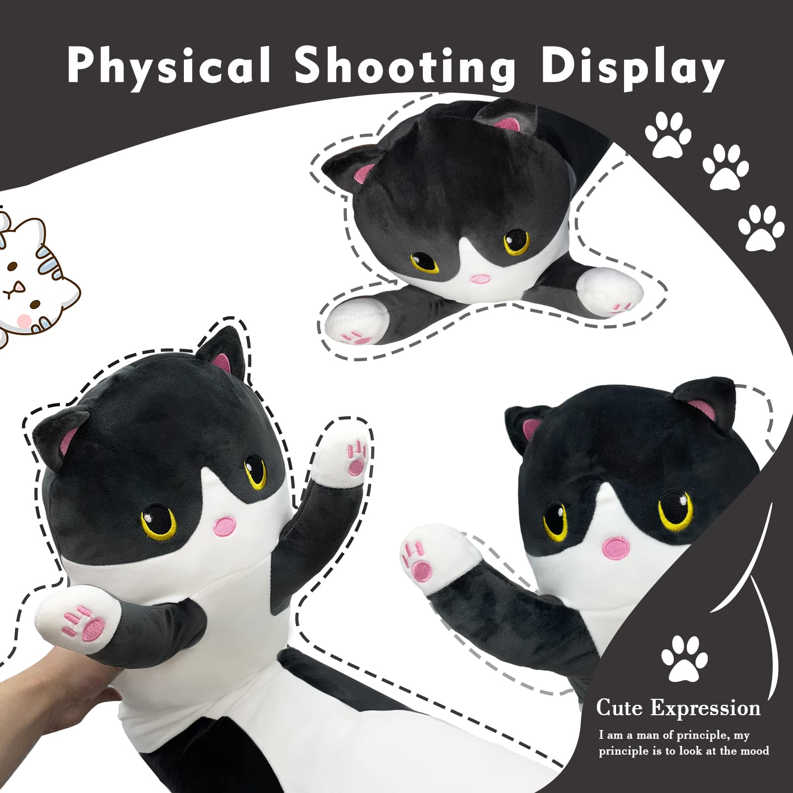 19.6in Long Cat Plush Pillow - Black Cat Plushie Stuffed Animal, Kawaii Body Pillow Gift