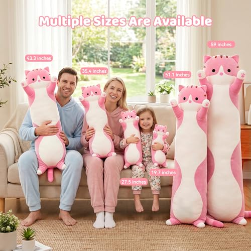 19.7-Inch Long Cat Plush Body Pillow – Soft Stretchy Fabric, Machine Washable Kawaii Cat Stuffed Animal for Kids and Travel