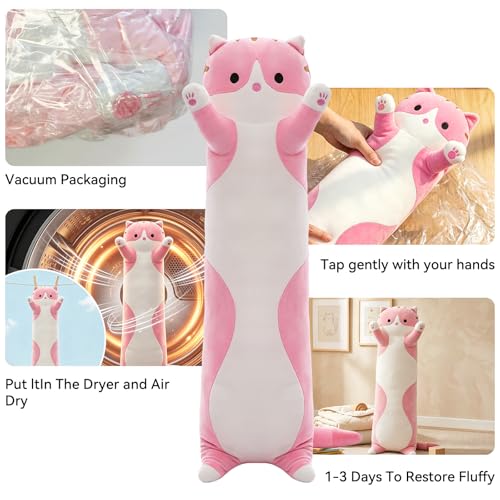 19.7-Inch Long Cat Plush Body Pillow – Soft Stretchy Fabric, Machine Washable Kawaii Cat Stuffed Animal for Kids and Travel