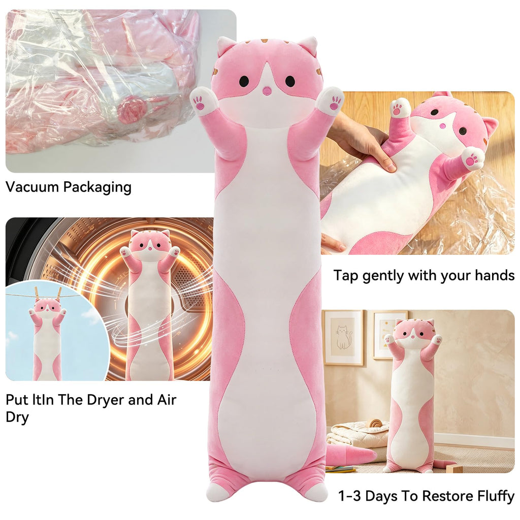 19.7-Inch Long Cat Plush Body Pillow – Soft Stretchy Fabric, Machine Washable Kawaii Cat Stuffed Animal for Kids and Travel