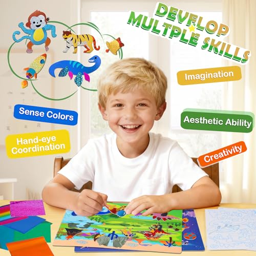 2-in-1 Foil Art Craft Kit - Dinosaur & Space Sticker Coloring Activity for Kids Ages 4-10