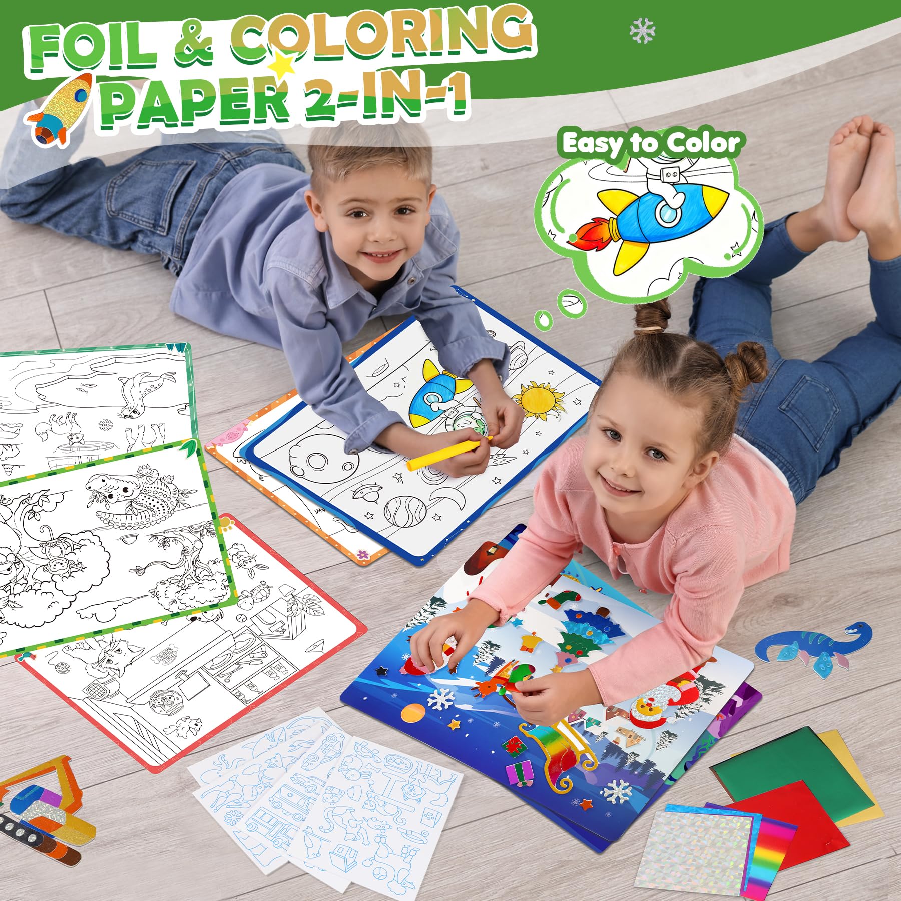 2-in-1 Foil Art Craft Kit - Dinosaur & Space Sticker Coloring Activity for Kids Ages 4-10