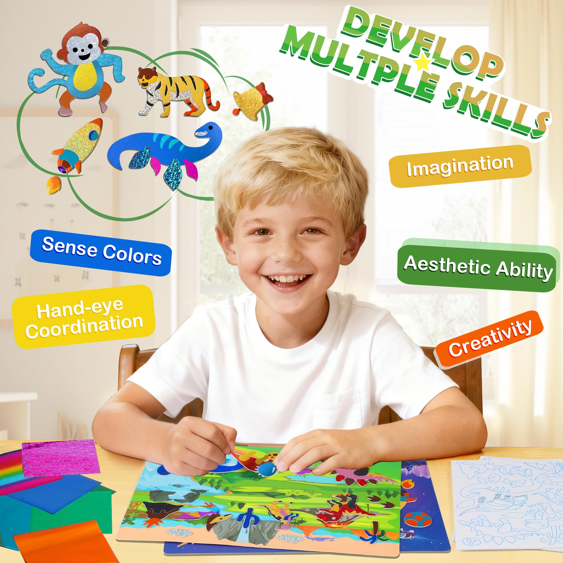 2-in-1 Foil Art Craft Kit - Dinosaur & Space Sticker Coloring Activity for Kids Ages 4-10
